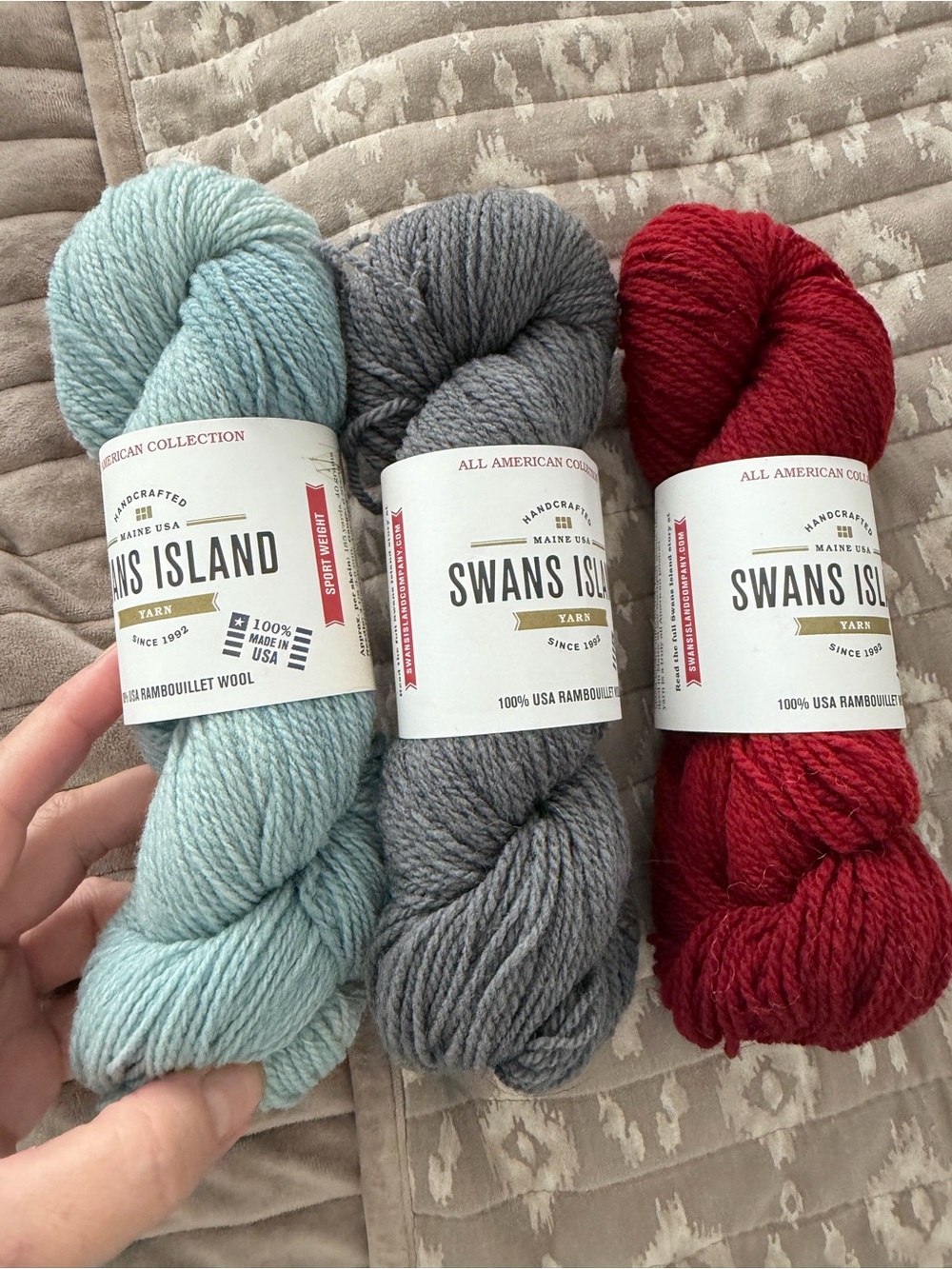 Swans Island ramboulette Yarn Bundle — Light Blue, Gray, Red